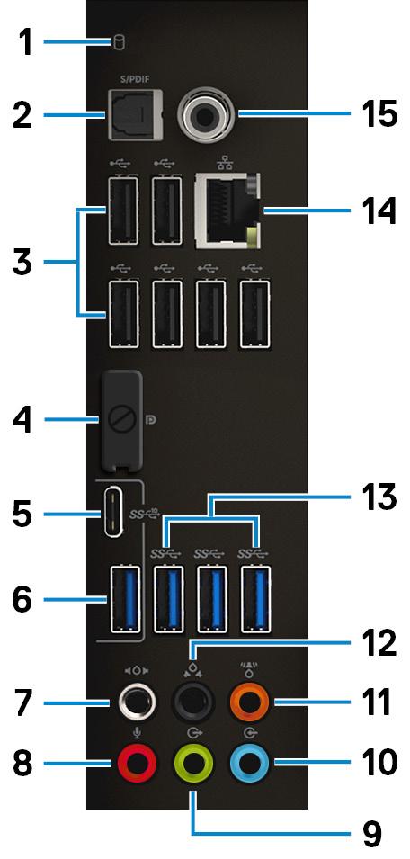 Zadní panel 1 Indikátor aktivity pevného disku Svítí, když počítač čte z pevného disku nebo na něj zapisuje.