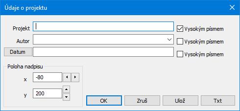 Kapitola 11 Panel Údaje o projektu: Okno slouží k zadání nadpisu výkresu ve třech řádcích.