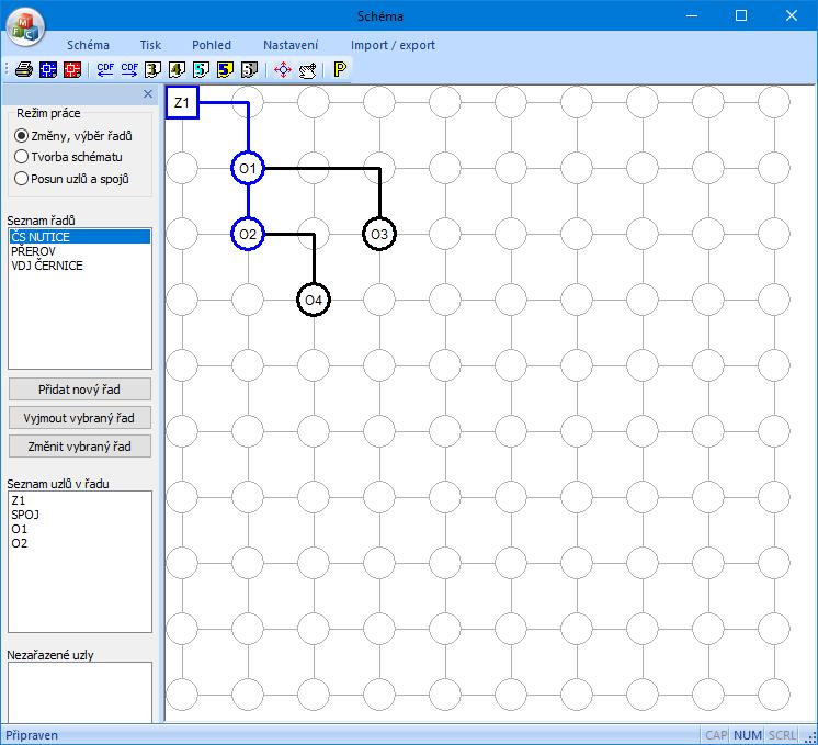 Kapitola 3 Panel schéma Topologii sítě je třeba vyjádřit sestavením schématu. Příprava schématu probíhá ve dvou krocích: tvorba schématu a zadání řadů.