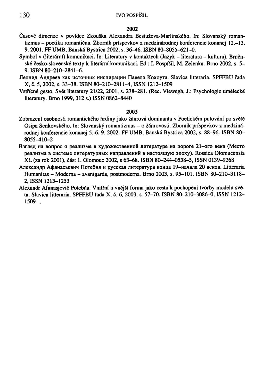 130 IVO POSPÍŠIL 2002 Časové dimenze v povídce Zkouška Alexandra Bestuževa-Marlinského. In: Slovanský romantizmus - poetika romantična. Zbomík príspevkov z medzinárodnej konferencie konanej 12.-13. 9.