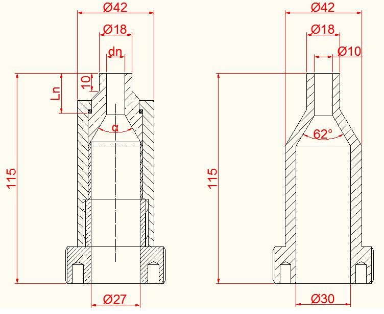 Obrázek 3: Nákres ejektoru s vyznačením geometrických parametrů sledovaných při návrhu provozního zařízení Obrázek 4: Nákres detailu jedné série použitých trysek s vyznačenými návrhovými parametry d