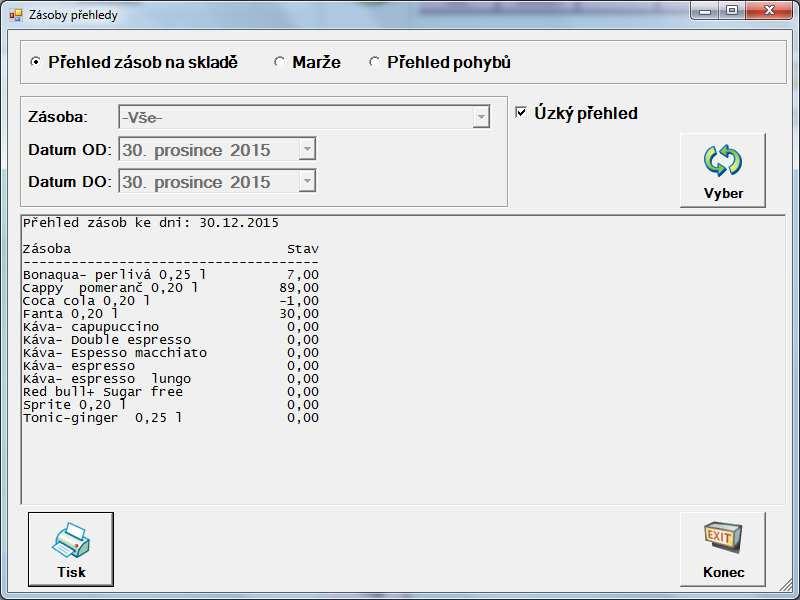 VI. Zásoby Přehledy U kteréhokoliv typu sestavy lze využít tisk položek, pomocí tlačítka Tisk 1.