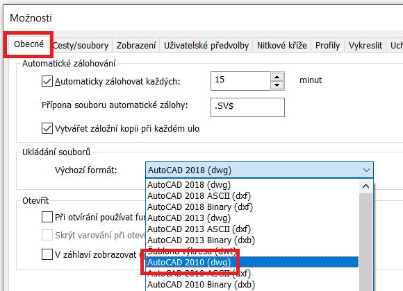 Nastavení výchozího formátu DWG.
