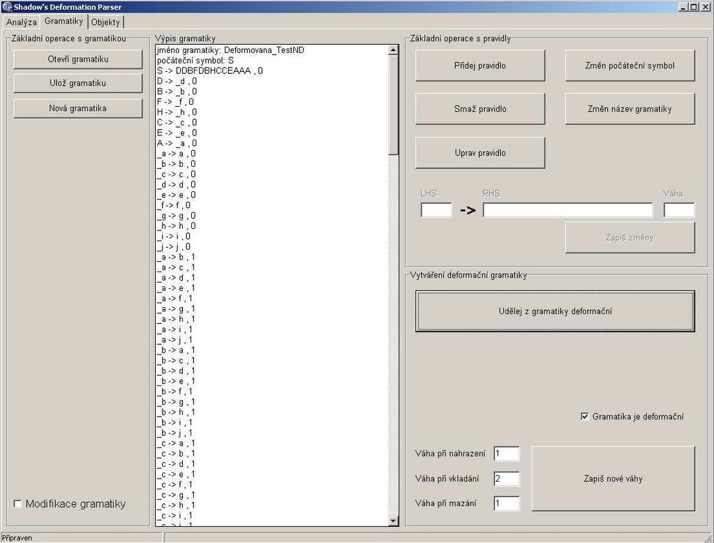 Obr. E Vytvoená deformaní gramatika Dále zobrazíme záložku Analýza, kde do Seznamu gramatik k analýze pidáme gramatiku Deformovana_Test.grm a do Seznamu objekt pidáme objekt TestND.obj. Do obou seznam je možno pidat více soubor.