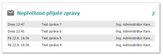 Po kliknutí na název panelu budemem přesměrováni přímo na stránku Kalendáře, který je podrobněji posán v kapitole Kalendář 46 : Panel Nepřečtené zprávy Tento panel zobrazuje aktuálně přijaté a dosud