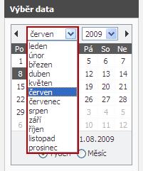 Jednoduchým kliknutím na den v měsíci se kalendář překreslí podle vybraného data s automatickým výběrem celého týdne.