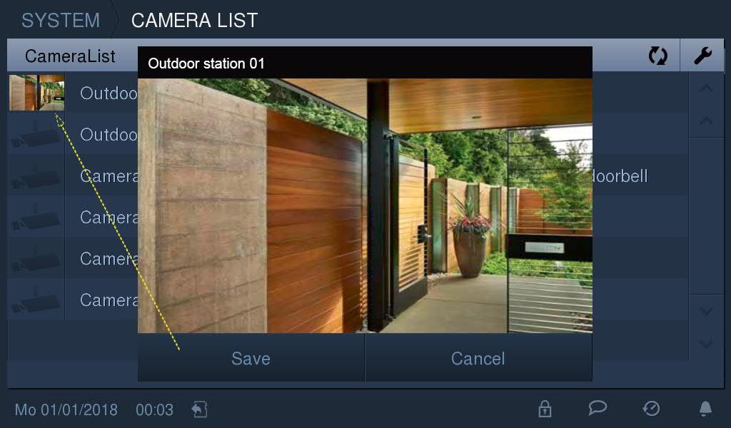 Na obrazovce Seznam kamer klikněte na venkovní stanici nebo kameru pro zobrazení snímku a poté klikněte na