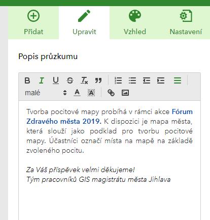 Pocitová mapa města XY a vyplníme Klíčová slova (např. dotazník, pocitová mapa, formulář). Můžeme přidat i krátký popis do pole Souhrn.