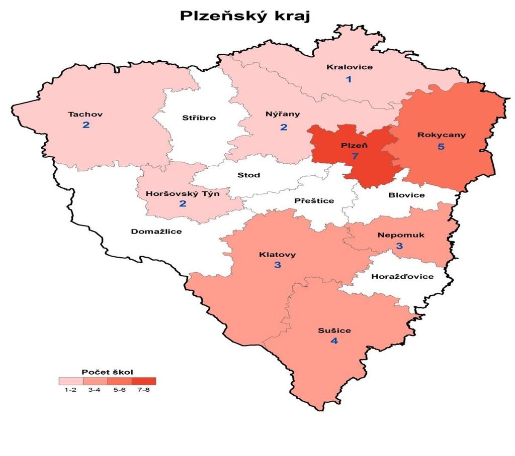 3 ZÁKLADNÍ ŠKOLY 3.1 Charakteristika respondentů průzkumu V rámci Plzeňského kraje se do průzkumu zapojili představitelé škol rovnoměrně z více částí celého regionu.
