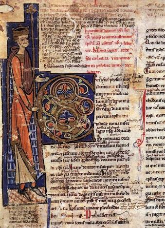 Obr. 27 Iniciála představující císaře Justiniána podepírajícího písmeno C, ozdobená svitky, volutami a květinovými motivy, první polovina 13. století (zdroj: http://www.wga.