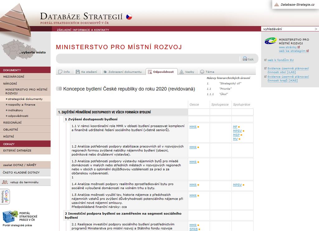 Obr. 17: Ukázka záložky Odpovědnost u jednotlivého dokumentu Odpovědnost se člení na 3 typy: Gestor stanovuje ministerstvo / instituci / kraj, jež odpovídá za plnění daného opatření (příp.