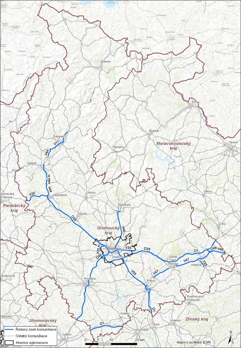 Obr. 3: Situace řešených úseků hlavních pzemních kmunikací v Olmuckém kraji