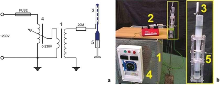 The apparatus for AC electrospinning. (a and b) A schematic diagram and hotograph of the AC electrospinning set-up, consisting of a metal rod (3) used as the spinning-electrode.