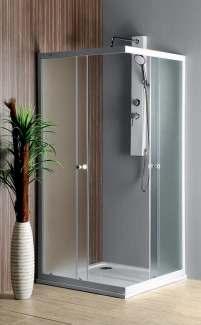 90x90x185 cm 3 290,- bílý profil, matné sklo brick 4 mm, výklopné ložiskové pojezdy AMAdEO posuvné sprchové dveře spojením sprchových dveří a boční stěny získáte obdélníkovou zástěnu požadovaného