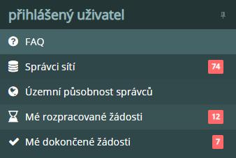 panelu aplikace. Kromě FAQ a Územní působnosti správců, má přihlášený uživatel k dispozici další složky.