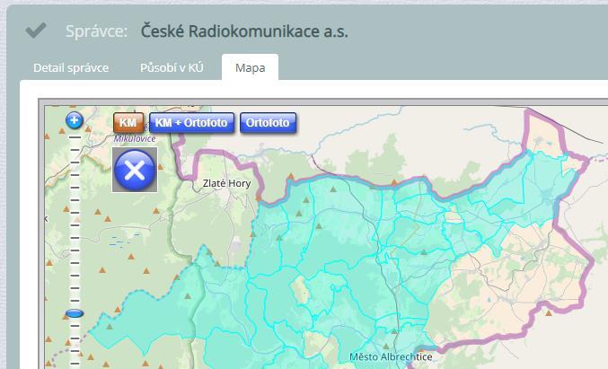 Záložka Působí v KÚ v detailu vybraného správce Záložka