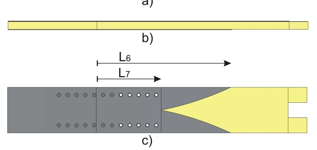 Celková délka struktury ve vlnovodu bez zářezu v substrátu je L 3. Veškeré rozměry jsou uvedeny v Tab. 2. Tab. 2: Tabulka rozměrů přechodu vedení z WR12 na GCPW (finline).