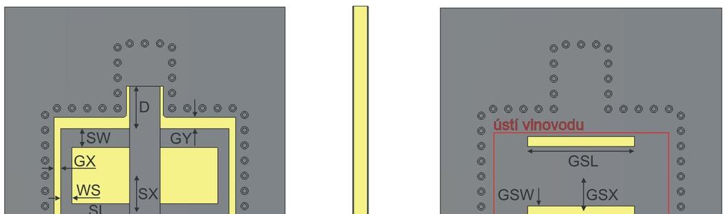 Obr. 37: Konstrukce příčného přechodu vedení z WR12 na GCPW. Pohled: a) shora; b) z boku; c) ze spodu.