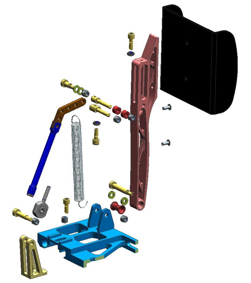 4.3 Brzdový pedál Obrázek 10 Rozklad plynového mechanismu pro vůz UWB05 Brzdový pedál je nejdůležitější komponentou pedálové soustavy. Musí odolávat velkým silám, kterými na něj řidič působí.