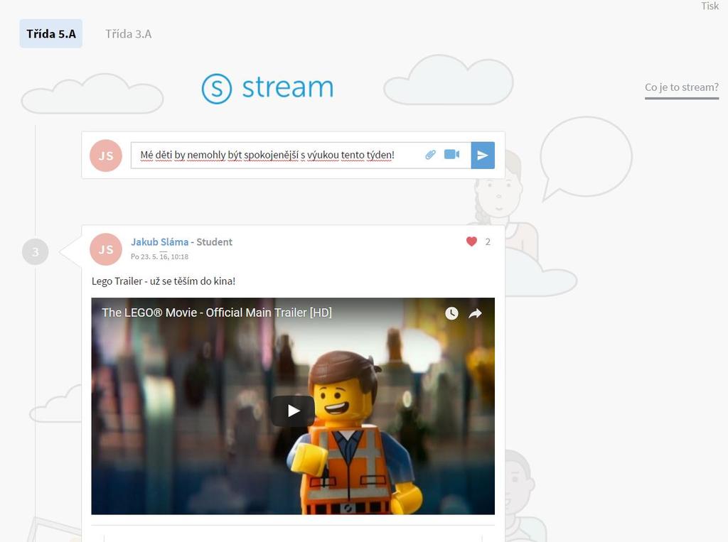 Návod pro rodičovský portál str. 27 11. Stream Na sociální síti Stream můžete vkládat příspěvky spolu s videi nebo fotografiemi.