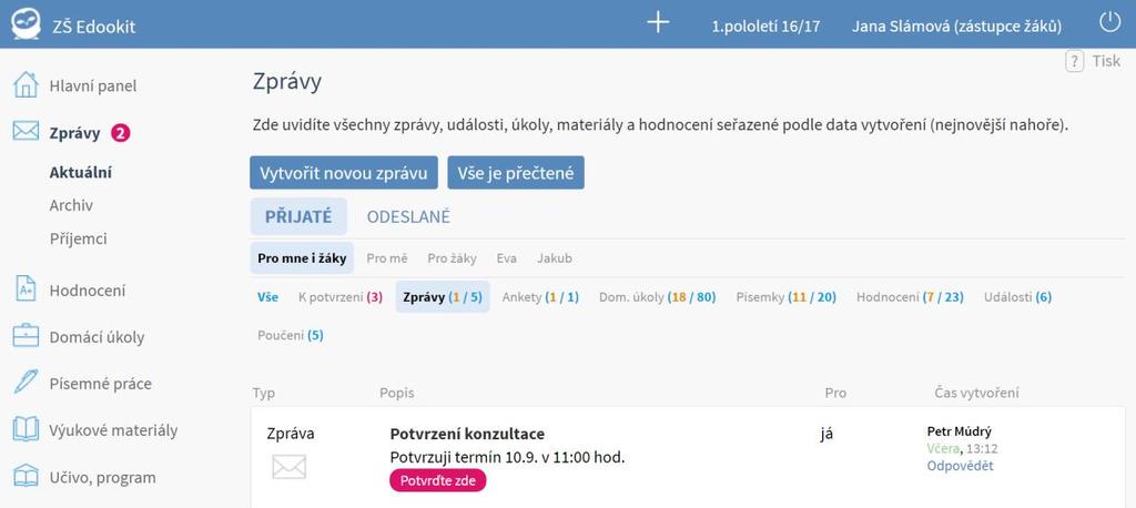 Návod pro rodičovský portál str. 5 Kliknutím na konkrétní zprávu si ji rovnou otevřete a uvidíte všechny detaily celý obsah zprávy i odesílatele.