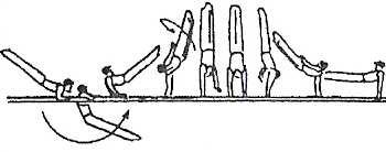 Vzepření předkmihem a přednožka s půlobratem (90º) do svisu čelně na jedné žerdi 8.