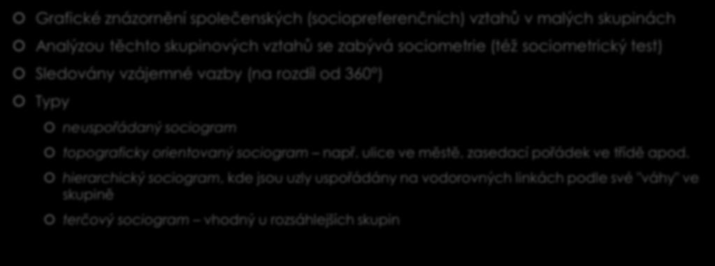 4) Sociogram Grafické znázornění společenských (sociopreferenčních) vztahů v malých skupinách Analýzou těchto skupinových