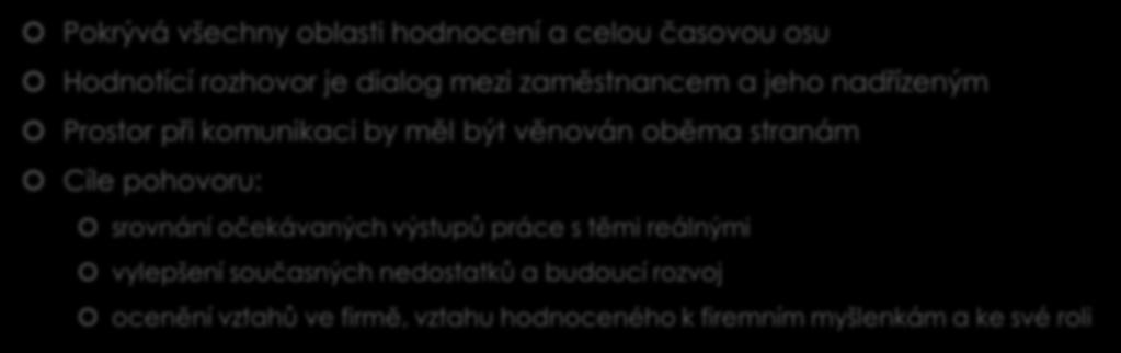 6) Hodnotící pohovor Pokrývá všechny oblasti hodnocení a celou časovou osu Hodnotící rozhovor je dialog mezi zaměstnancem a jeho nadřízeným Prostor při komunikaci by měl být věnován oběma