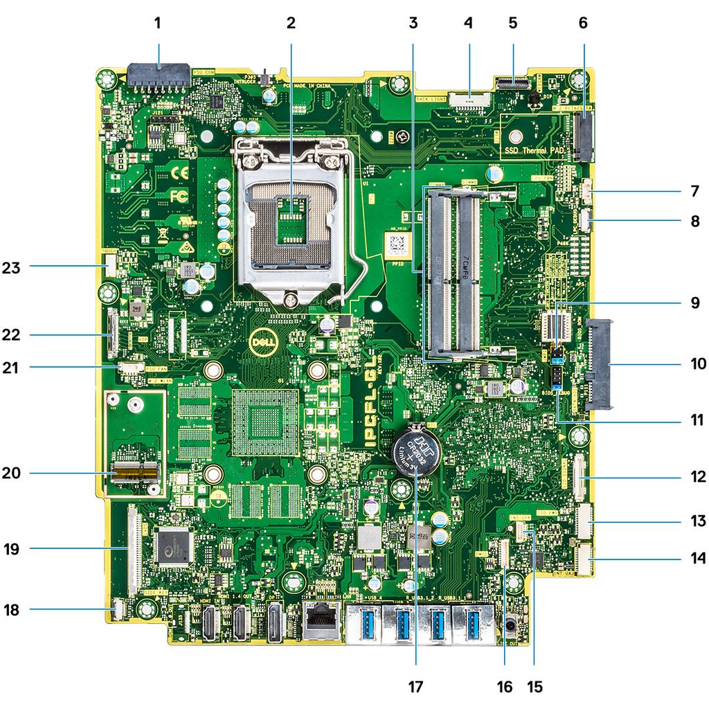 1. Konektor napájení zdroje 2. Procesor 3. Paměťové sloty 4. Konektor zadního světla 5. Konektor webkamery 6. slot M.2 PCIe/SATA 7. Konektor systémového ventilátoru 8. LPC_Debug 9.
