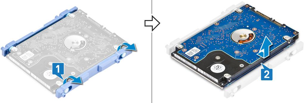 Postup montáže držáku pevného disku: a) Zarovnejte výstupky na držáku pevného disku se sloty na pevném disku