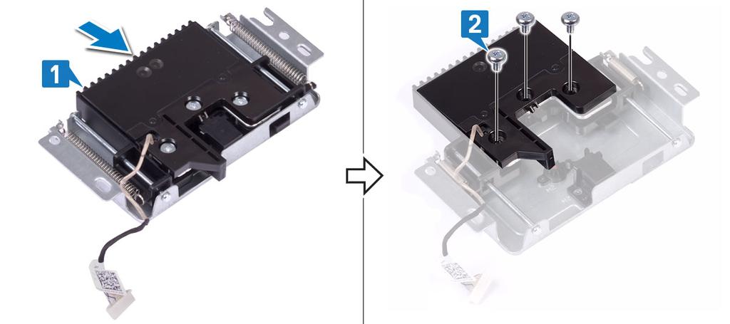Demontáž modulu vyskakovací kamery: a) Zvedněte rámeček vyskakovací kamery ze sestavy kamery [1].