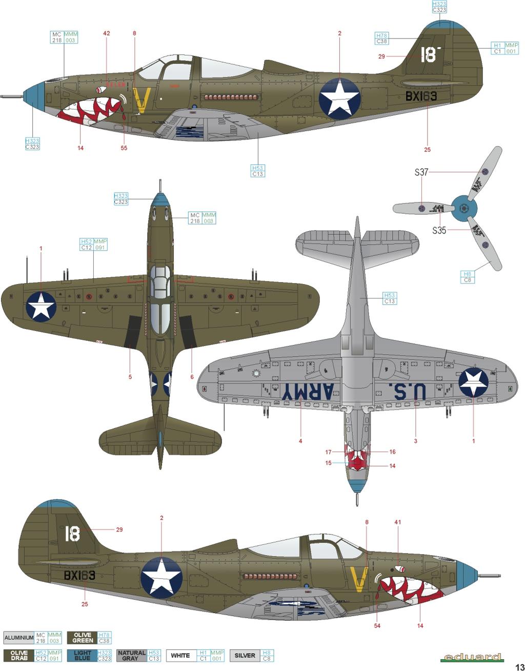 C BX163, 80th FS, 8th FG, Port Moresby, ová Guinea, prosinec 1942 Airacobra BX163 původně sloužila u 39th FS, u níž dostala označení číslicí 18 a modré zbarvení vrtulového kuželu a vrcholu ocasních