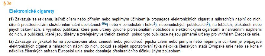 E-CIGARETY A LEGISLATIVA - REKLAMA Zákon č. 40/1995 Sb.