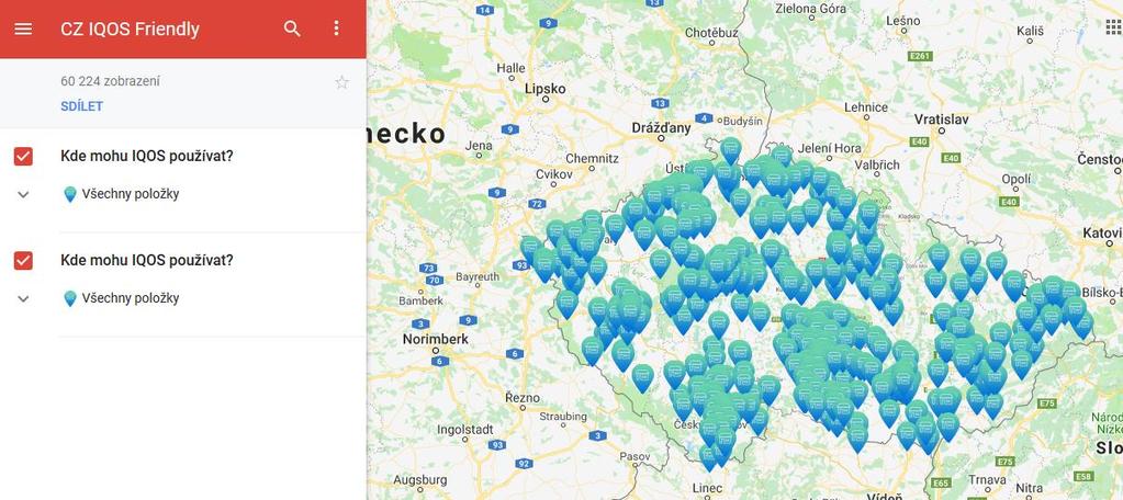 KOLIK JE IQOS FRIENDLY MÍST V ČR? Zdroj: https://www.google.com/maps/d/viewer?