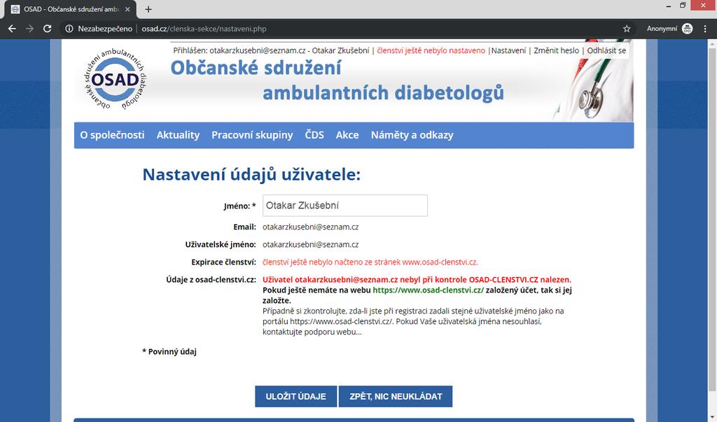 3. Zobrazí se stránka Nastavení údajů uživatele, na které můžete změnit svoje jméno a zkontrolovat si a automaticky nastavovat hodnotu expirace Vašeho členství.