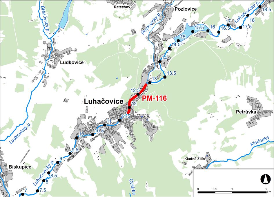 1. LOKALIZACE Předmětem řešeného území je úsek na toku Luhačovický potok v km 11,833 12,858. Obr. č. 1 Přehledná mapa řešeného území 2. CHARAKTERISTIKA OBLASTI S VÝZNAMNÝM POVODŇOVÝM RIZIKEM 2.