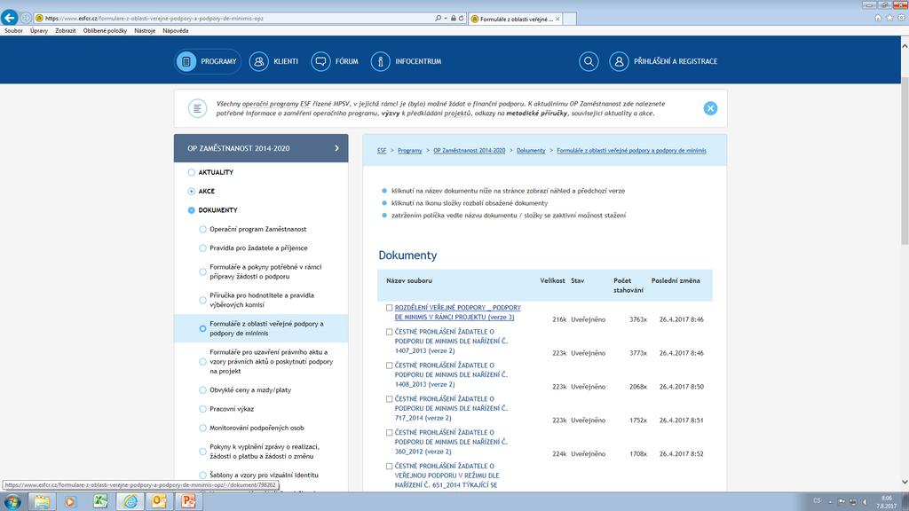 VŠECHY PODSTATNÉ DOKUMENTY NALEZNETE NA: https://www.esfcr.