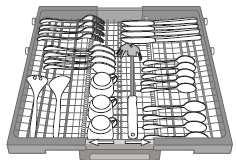 Košík na příbory je vybaven se dvěma bočními posuvnými koši, aby se mohl vytvořit prostor pro uložení vyššího nádobí do horníhoo koše. nebo nesnižujte výšku koše pouze na jedné straně.