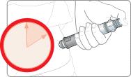 Zatím injekční tlačítko NETISKNĚTE. Držte svisle Injekční tlačítko C. Odstraňte kryt jehly tahem směrem od pera. NEOTÁČEJTE. Můžete vidět několik kapek tekutiny na jehle nebo v krytu jehly. TÁHNĚTE D.