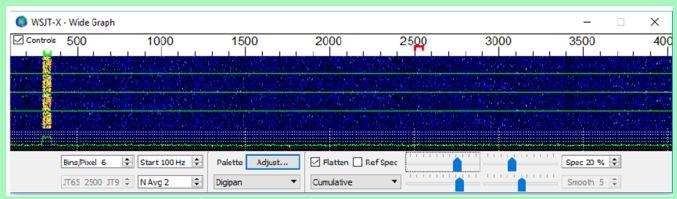 Mělo by to vypadat jako snímek obrazovky níže. Signály od Foxů se očekávají u zvukových frekvencí mezi 300 a 900 Hz, takže se ujistěte, že dolní konec zobrazovaného spektra je kolem 200 Hz nebo nižší.