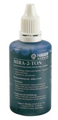 Miradent Mira-2-ton roztok s ovocnou příchutí, jež obsahuje potravinářské barvivo reagující na organické substance, které