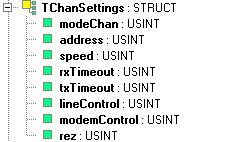 2.8 Typ TChanSettings Knihovna : ComLib Datový typ TChanSettings je struktura popisující aktuální nastavení sériového komunikačního kanálu, kterou nastavuje funkce GetChanSettings().