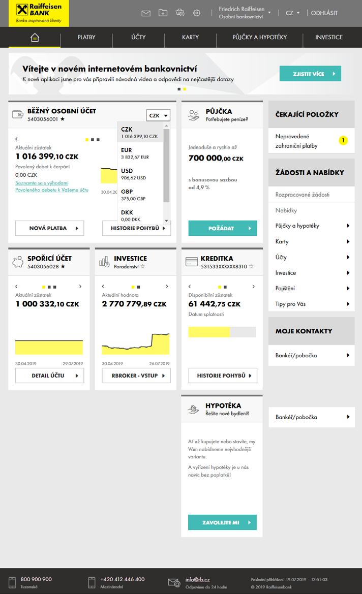 1. ZOBRAZENÍ ZŮSTATKU MĚNOVÝCH SLOŽEK Nově přidáváme do přepínače měnových složek i přehled disponibilního zůstatku všech aktivovaných měn.