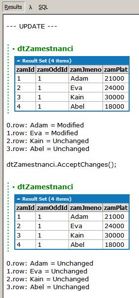 Rušení dat v DataTable Rušení dat funguje stejně jako ve Visual FoxPro: Věta se nejprve označí ke zrušení a během AcceptChanges() (pro foxaře po TableUpdate()) se fyzicky zruší na SQL Serveru: //