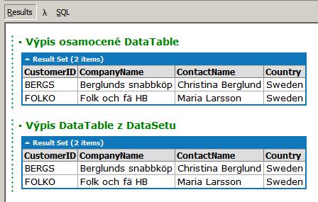 // pomocí SqlDataReaderu naplníme DataTable v DataSetu // - pomocí parametru řekneme, jak se má jmenovat tabulka, kterou vytvoří ds.load(rdr, LoadOption.PreserveChanges, "Vyber"); conn.close(); dt.