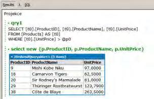 1. Jednoduchý výběr sloupečků ProductID, ProductName, UnitPrice z tabulky Products. Stačí použít konstrukci new,seznam vybraných položek-. 2.