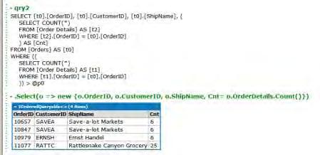 var qry3 = datacontext.orders.where(o => o.orderdetails.count()>5).