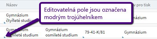 Následuje ukázka prvního způsobu editace oborů (přes symbol tužky). Pro spuštění řádkové editace klikněte na ikonku modré tužky: Odemknou se pole, která lze řádkově editovat.