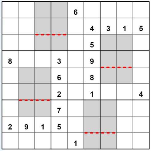 Calcdoku V podbarvených čtvercích je zápis sčítání pod sebou, kdy trojciferné číslo dole je součtem dvou trojciferných čísel nad