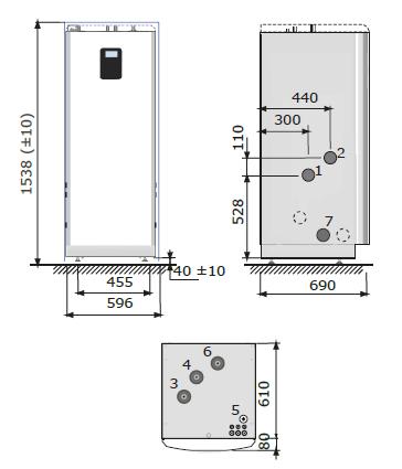 2.1.2 Diplomat Duo Inverter 1. Vstup nemrznoucí kapaliny, 28 Cu 2. Výstup nemrznoucí kapaliny, 28 Cu 3. Přívodní potrubí otopné soustavy, 28 Cu 4. Zpětné potrubí otopné soustavy, 28 Cu 5.